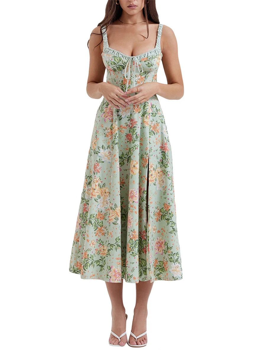 Hirigin Women Floral Print Backless Sleeveless Midi Dress