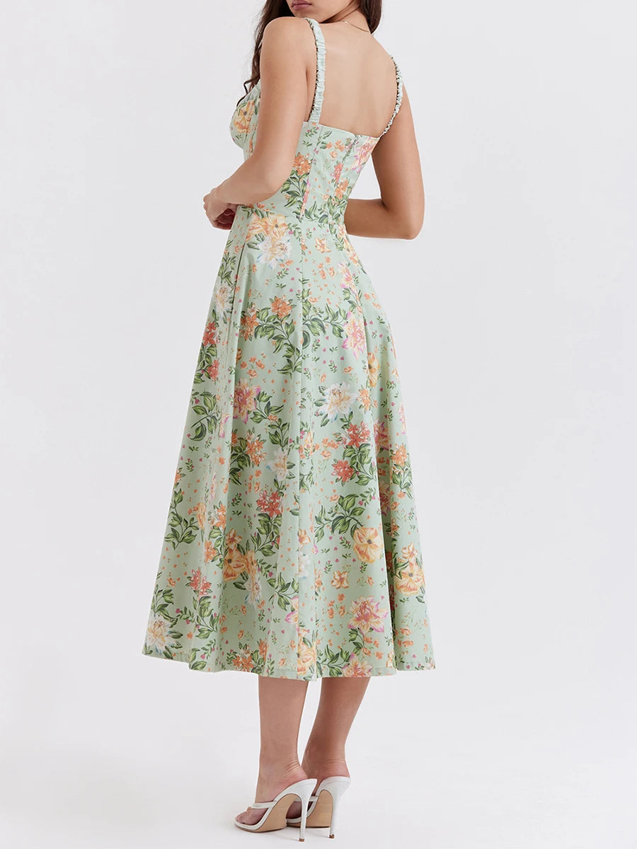 Hirigin Women Floral Print Backless Sleeveless Midi Dress