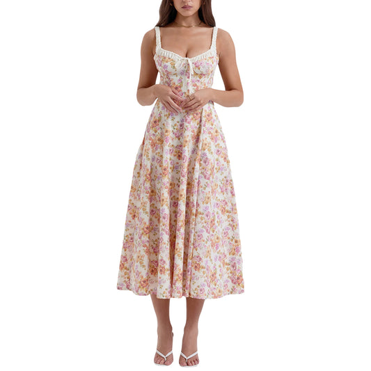 Hirigin Women Floral Print Backless Sleeveless Midi Dress