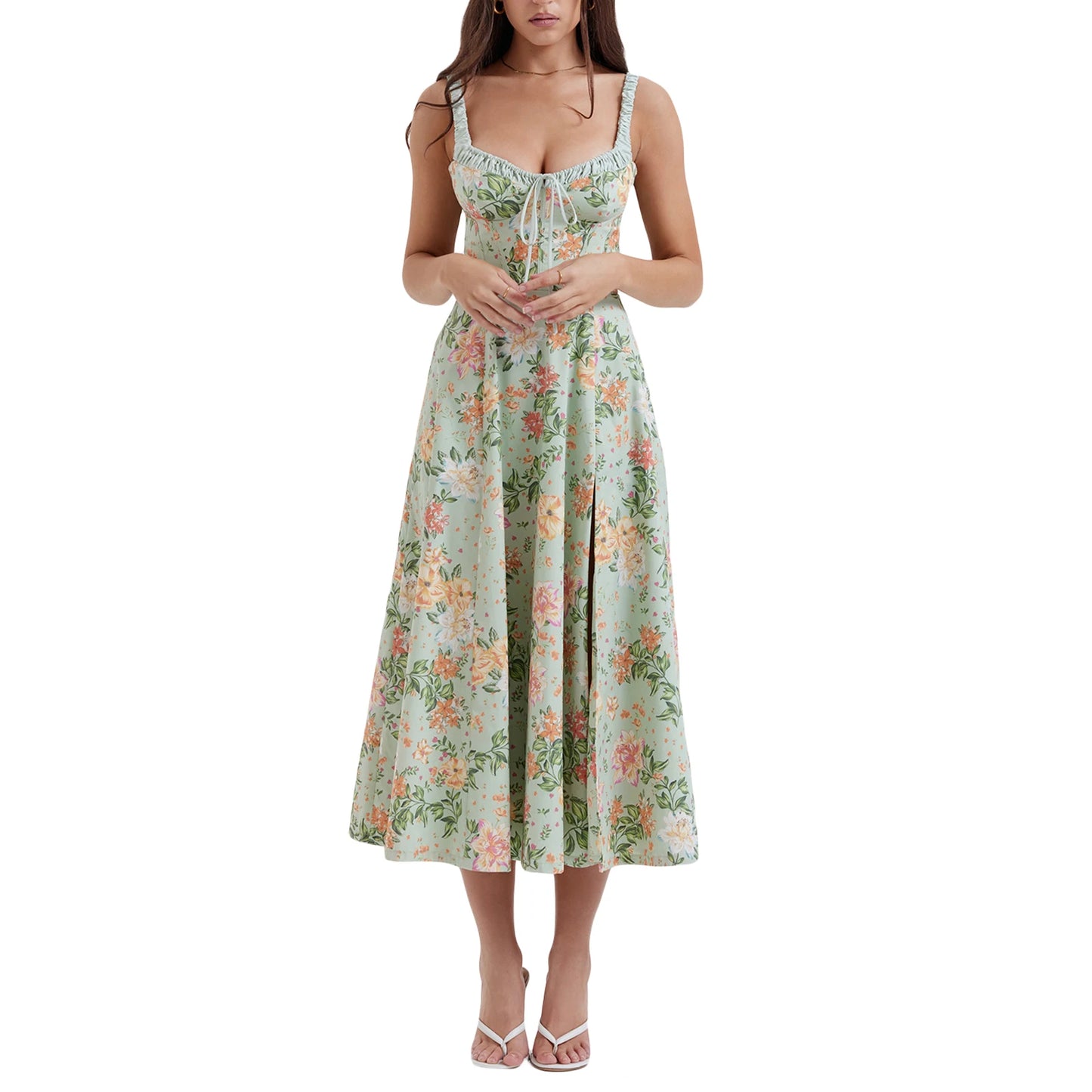 Hirigin Women Floral Print Backless Sleeveless Midi Dress