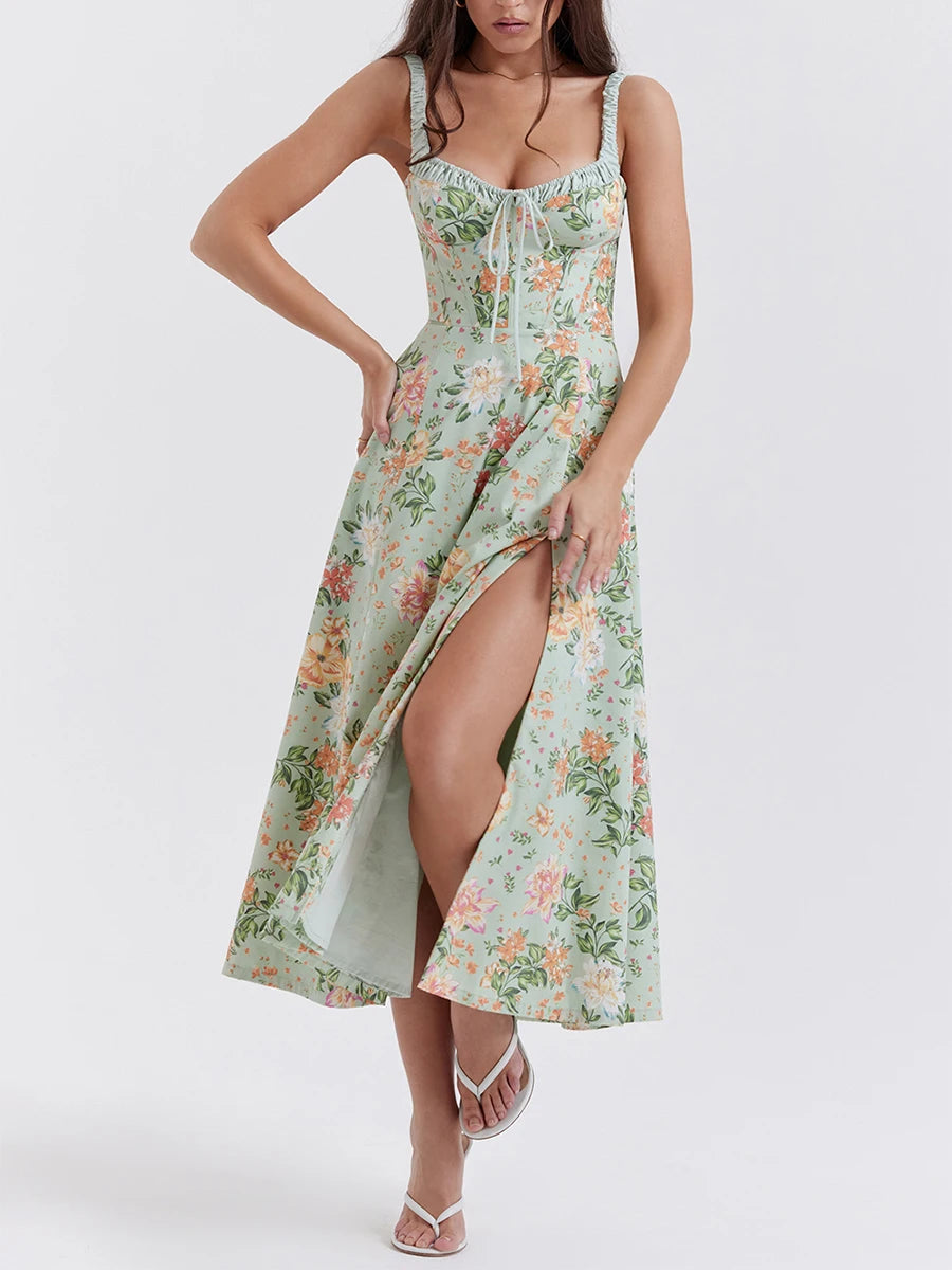 Hirigin Women Floral Print Backless Sleeveless Midi Dress