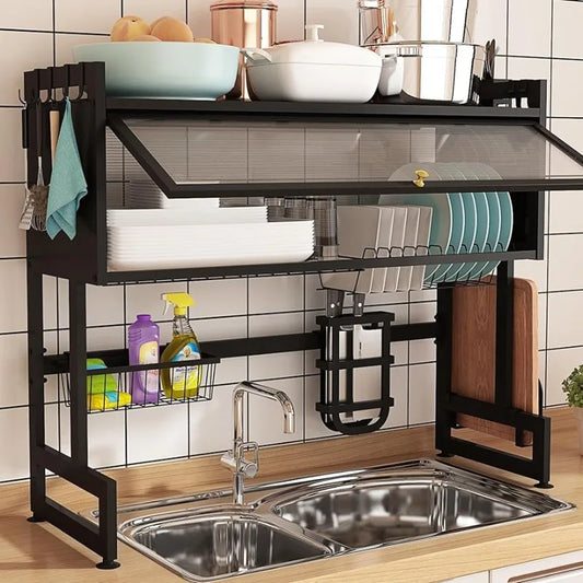 Bukfen OverTheSink 2-Tier UltraDurable StainlessSteel Dish Drying Rack With Cover